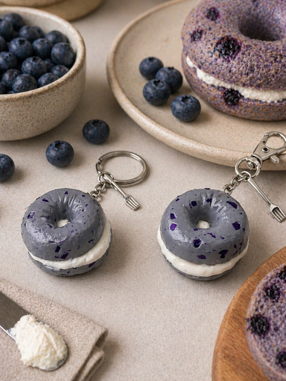 Blueberry Bagel Keychain or Bag Clip, Mini Handmade Breakfast Food Charm